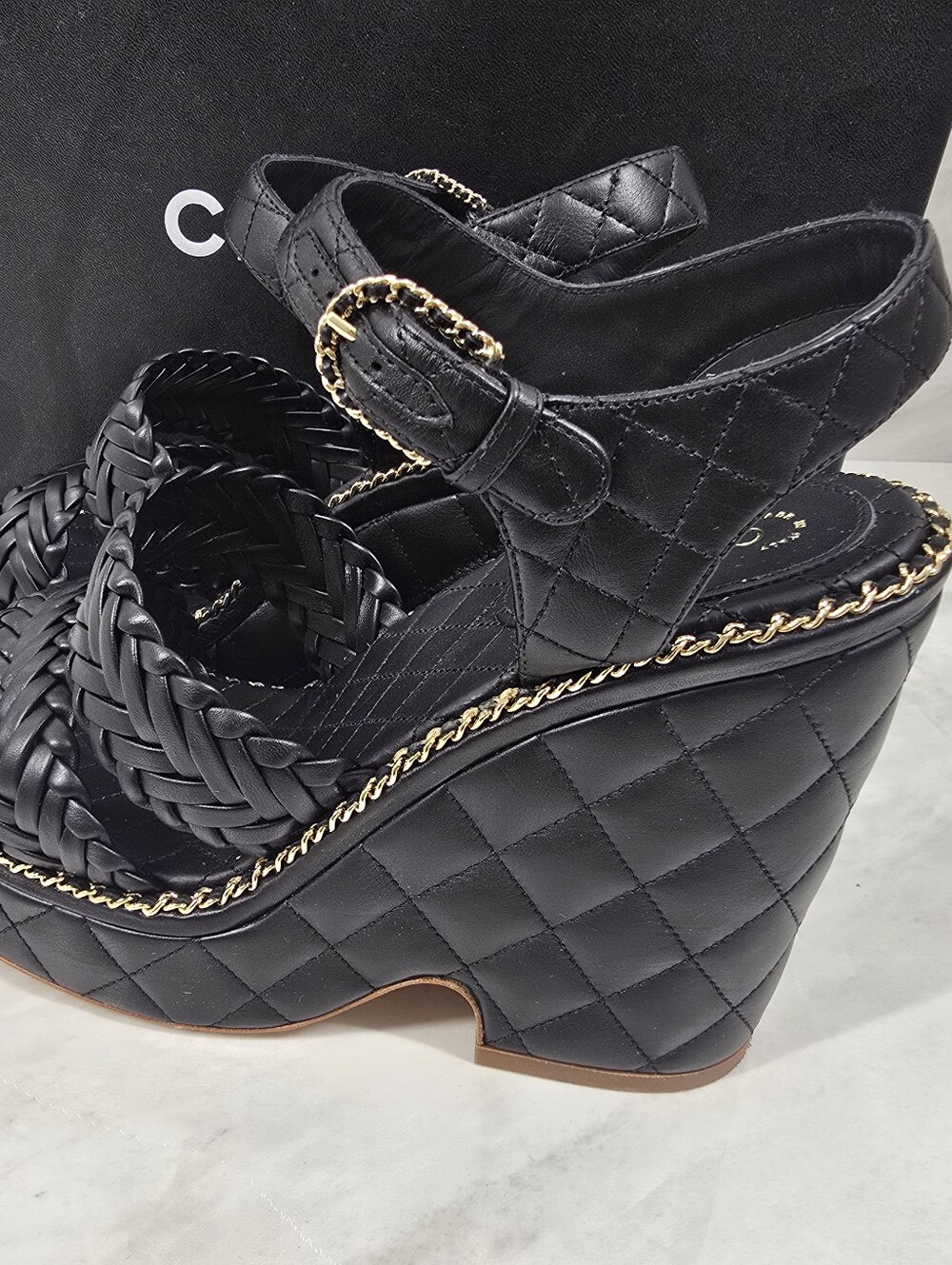 Chanel Black Quilted Braided Leather Platform Sandals - Picture 6 of 13